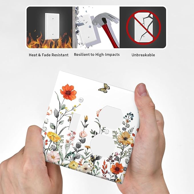Colored Vintage Floral Colorful Butterfly Wild Flowers 2-Gang 1-Toggle 1-Duplex Device Combination Wallplate Summer Garden One Toggle Switch and One Duplex Receptacle Outlet Combo Light Switch Cover