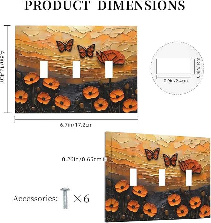 Oil Painting Flower Sunset Butterfly Vintage Rustic Floral Decorative Switch Plates 3 Gang Wall Plate Triple Toggle Light Switch Cover Faceplate Electrical Wall Panels for Bedroom Living Room Decor