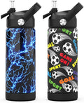 Boys Water Bottle with Straw,18 oz Kids Insulated Cups with Stainless Steel Leak Proof for School,Sport&Travel（2pack，Lightning+Soccer）