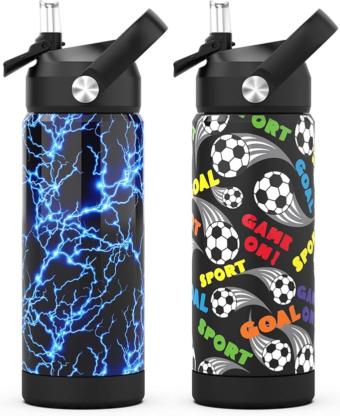 Boys Water Bottle with Straw,18 oz Kids Insulated Cups with Stainless Steel Leak Proof for School,Sport&Travel（2pack，Lightning+Soccer）