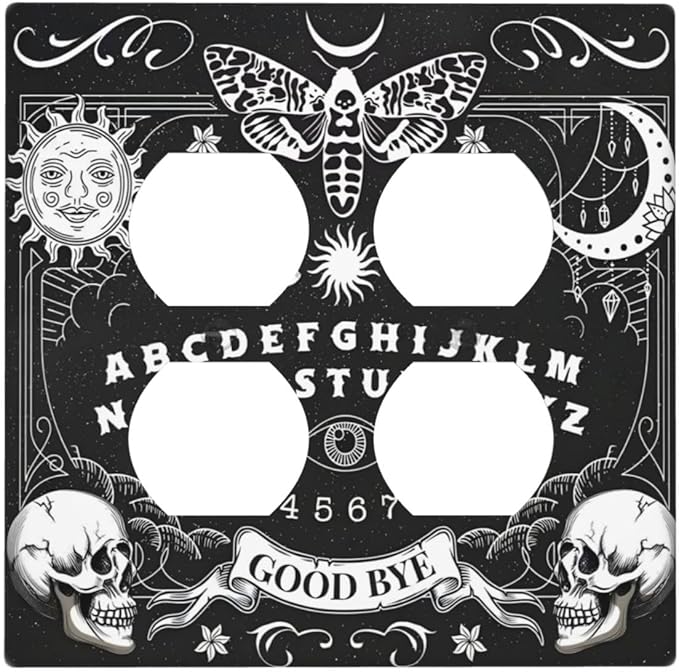 Black Witchy Skeleton Skull Gothic Sun Moon Outlet Covers 2 Gang Double Duplex Decorative Light Switch Covers Electrical Wallplates Socket Faceplate for Bedroom Living Room Decor