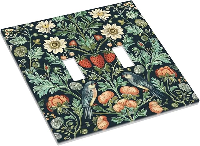 Light Switch Cover Plate Strawberry Birds Flowers Plant Morris Floral 2 Gang Double Toggle Decorative Switch Plates Wall Plates Electrical Faceplate for Bathroom Bedroom Decor