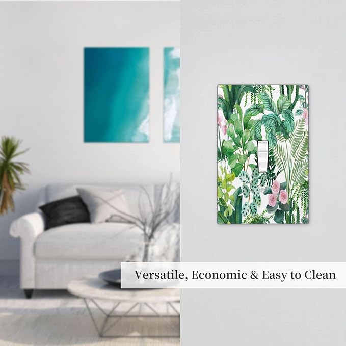 Tropical Palm Leaves Green Jungle Botanical Floral Flowers Decorative Light Switch Cover 1 Gang Single Toggle Device Electrical Faceplate Switchplates Decorator Outlet Wall Plate for Bedroom Home