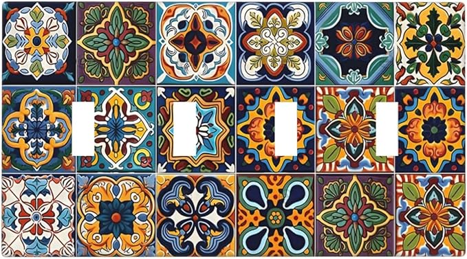 Mexican Talavera Tiles Floral Light Switch Covers Quad Toggle Electrical Faceplate 4 Gang Wall Plate Decorative Switch Plates Cover for Bathroom Kitchen Decor