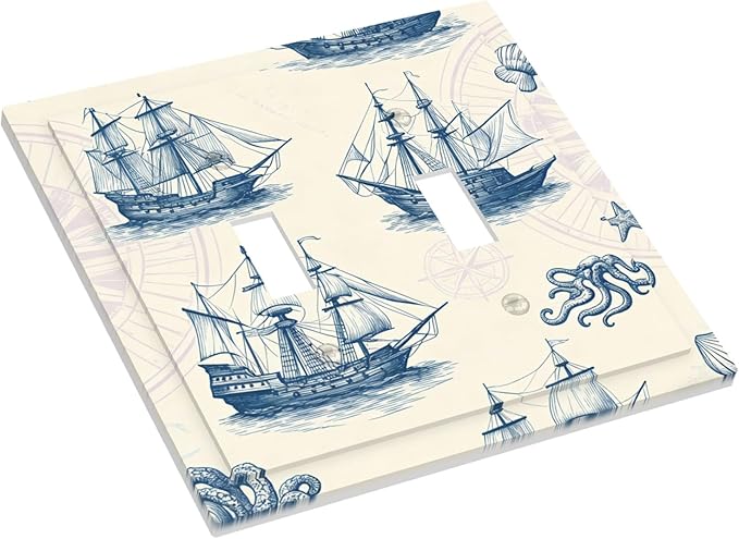 Vintage Nautical Ships Double Toggle Switch Cover - 2-Gang Standard US Size Old World Sailing Vessels Light Switch Covers, Blueprint Design for Beach House Decor