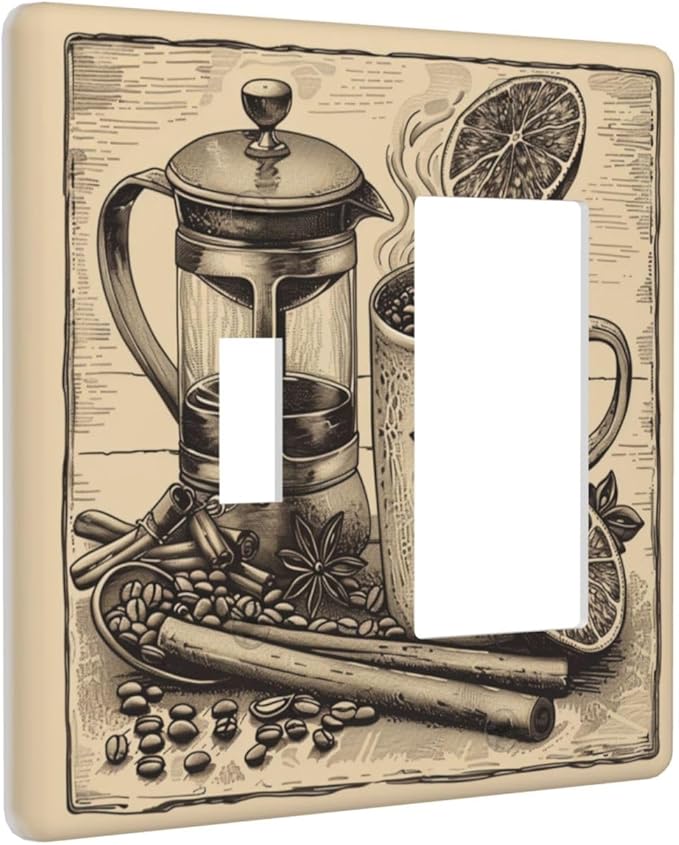 Light Switch Cover Plate Beige Vintage Rustic Coffee Beans Spice 2 Gang Combo Wall Plates Toggle Rocker Decorative Switch Plates and Outlet Covers for Kitchen Coffee Bar Decor