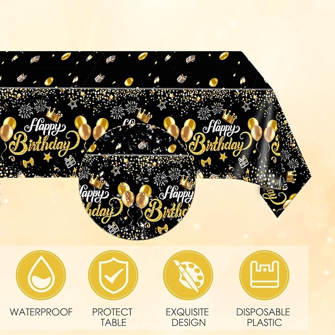 Black and Gold Party Decorations,41Pcs Happy Birthday Plates and Napkins Set Include Black Gold Paper Plates,Napkins,Tablecloth,for Men Women Happy Birthday Party Decorations Supplies,Serves 20