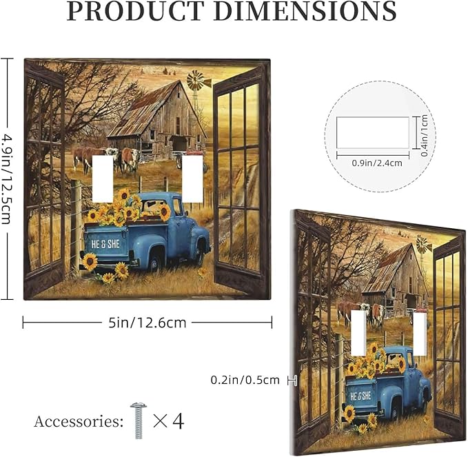 Fall Western Farmhouse Cow Double Toggle Light Switch Cover Plate Decorative Country Barn door Blue Truck 2 Gang Wall Plate Electrical Faceplate Switchplate for Bathroom Home Living Room Decor