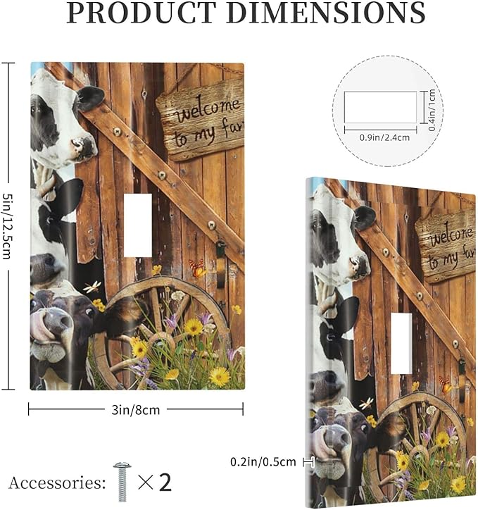 Decorative Switch Plate Covers Farm Cow Farmhouse Barn Door Rustic Vintage Wooden 1 Gang Single Toggle Light Switch Cover Jumbo Size Wall Plate Electrical Switchplate Receptacle Plug