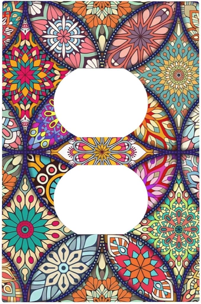 Boho Floral Pretty Colorful Mandala Flowers Outlet Covers 1 Gang Duplex Light Switch Cover Decorative Switch Plates Electrical Receptacle Faceplate Wall Plate for Bedroom Living Room Decor