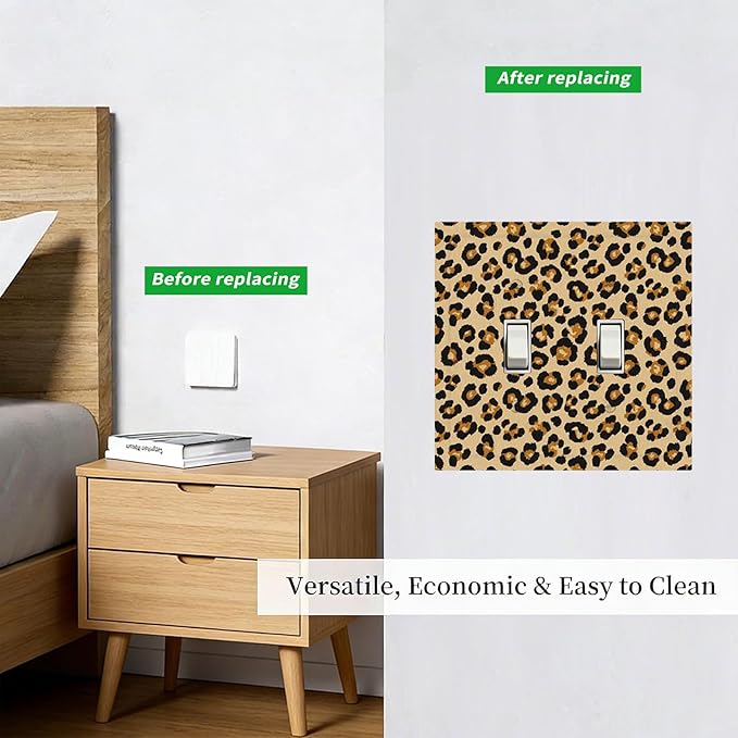Classic Leopard Print Double Toggle Switch Cover - 2-Gang Standard US Size Retro 90s Wild Safari Light Switch Covers, Bold Leopard Spots for Bedroom or Vanity