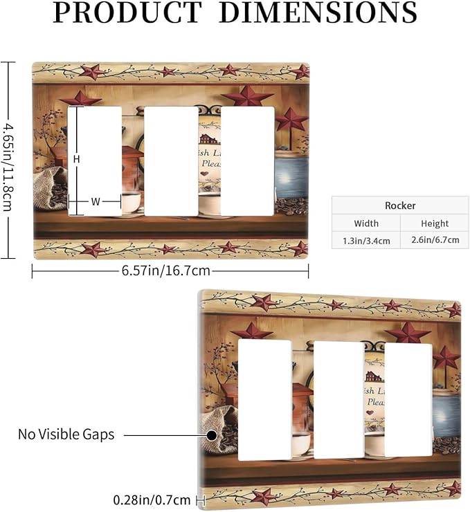 Barn Kitchen Cafe Coffee Texas Star Triple Decorator Light Switch Cover 3 Gang GFCI/Rocker Wallplate Decorative Electrical Faceplate Switchplate Dimmer Screwless