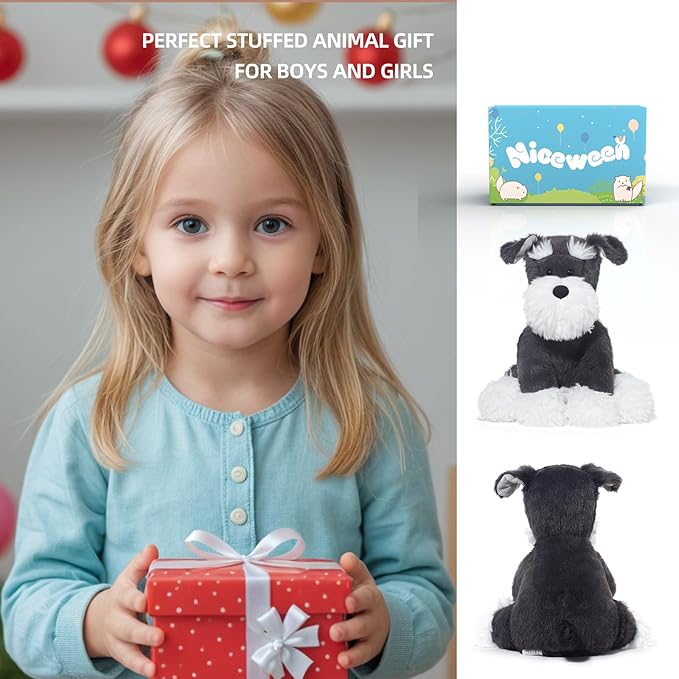 Stuffed Animals Schnauzer Puppy Plush Toys 11 inches Soft and Comfort Dog Plushie for Boys and Girls, Grey/White