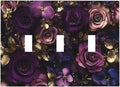Decorative Switch Plate Cover with Luxurious Purple Roses Gold Accents Leaves Design 3 Gang Artistic Wall Plate Unique Triple Toggle Light Switch Covers for Romantic Bedroom/Living Room Decor