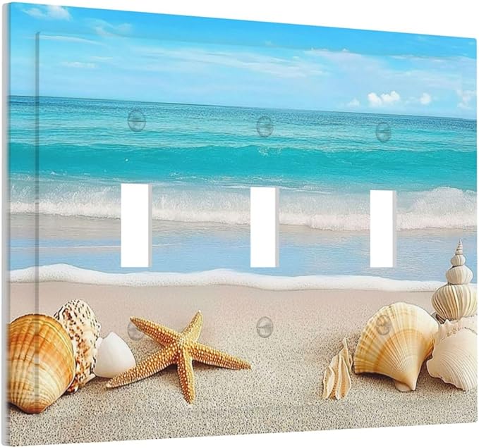 Decorative Switch Plates Seashells Beach Starfish Scallop 3 Gang Wall Plate Triple Toggle Light Switch Cover Faceplate Electrical Wall Panels For Bathroom Home Decor