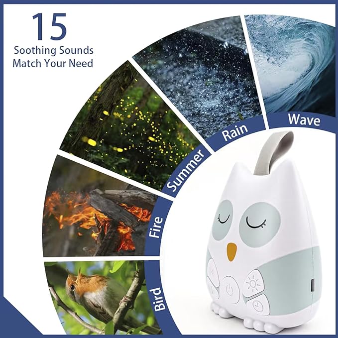 PandaEar Portable White Noise Machine for Baby, 15 Soothing Sound, Night Light, Sleep Sound Timer and Powered by USB for Baby Kids (Owl)