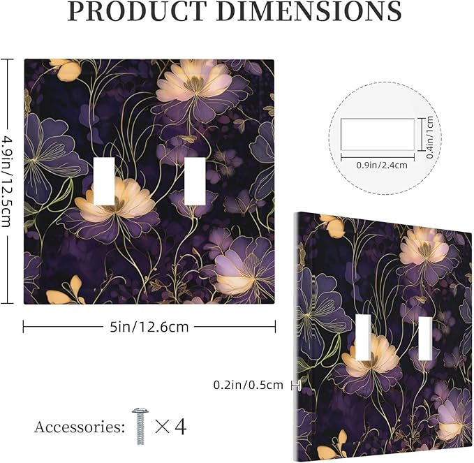 Modern Boho Vintage Gold Purple Dark Floral Modern Abstract Flowers Decorative Switch Plates 2 Gang Double Toggle Wall Plate Electrical Faceplate Outlet Light Switch Cover for Bedroom Living Room