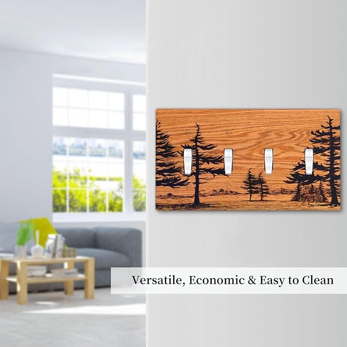 Pine Forest Natural Scenery Silhouette Wood Grain Light Switch Covers Quad Toggle Electrical Faceplate 4 Gang Wall Plate Decorative Switch Plates Cover for Farmhouse Home Decor