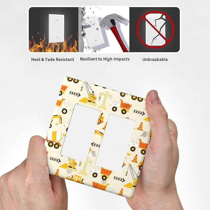 Decorative Outlet Covers Construction Vehicle Yellow Trucks Diggers 2 Gang Light Switch Cover Plate Double Rocker Wall Plates for Electrical Outlets Switch Plate Covers for Home Decor