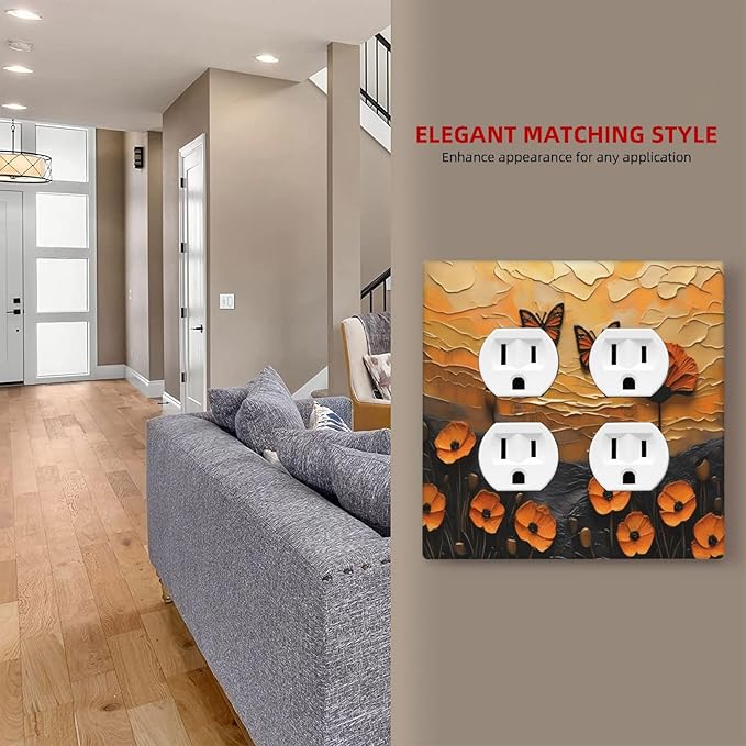 Oil Painting Flower Sunset Butterfly Vintage Rustic Floral Outlet Covers 2 Gang Double Duplex Decorative Light Switch Covers Electrical Wallplates Socket Faceplate for Bedroom Living Room Decor