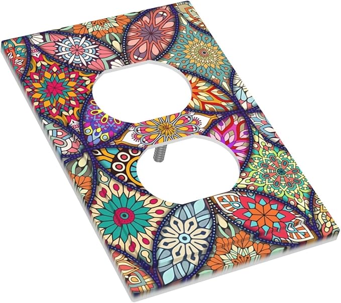 Boho Floral Pretty Colorful Mandala Flowers Outlet Covers 1 Gang Duplex Light Switch Cover Decorative Switch Plates Electrical Receptacle Faceplate Wall Plate for Bedroom Living Room Decor