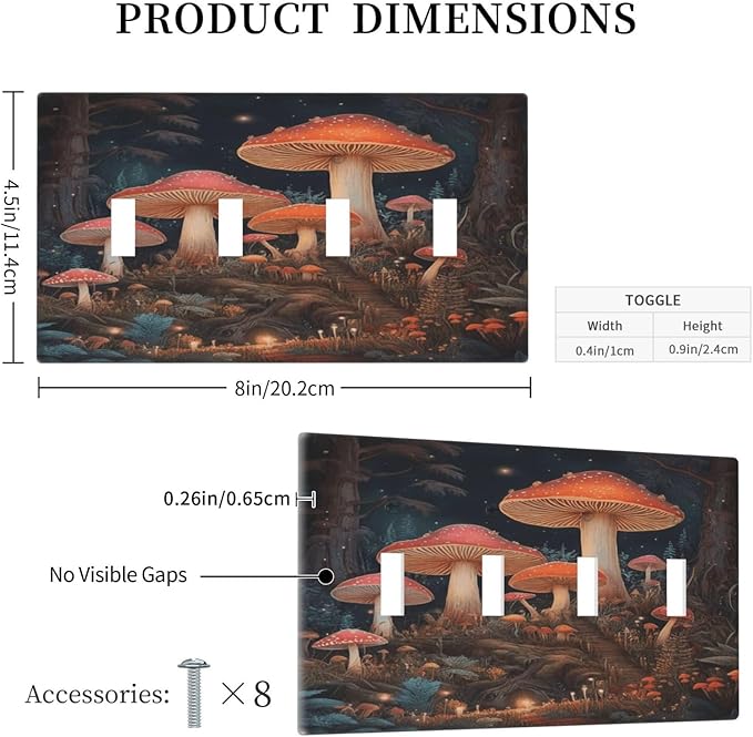 Decorative Art Light Switch Covers Enchanted Mushroom Forest Quad Toggle 4 Gang Wall Plate Switch plate Electrical Faceplate for Home Decor