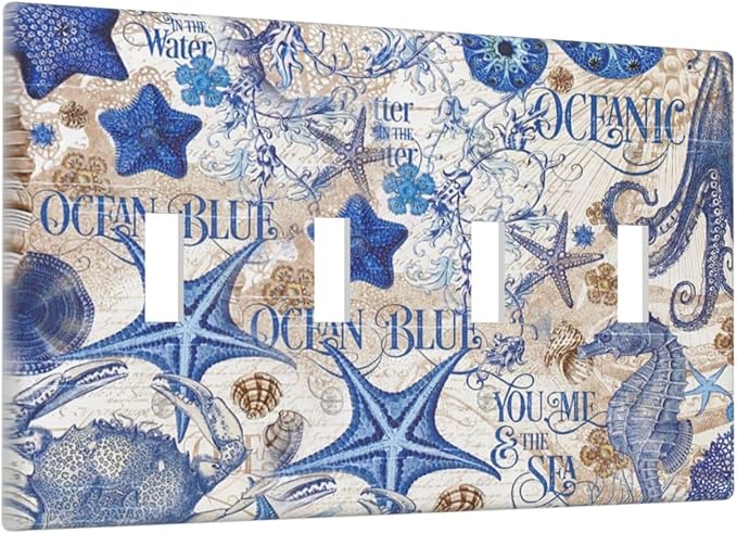 Light Switch Covers Vintage Sea Blue Seahorse Starfish Octopus Quad Toggle Electrical Faceplate 4 Gang Wall Plate Decorative Switch Plates For Kids Room Home Decor