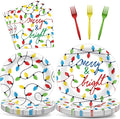 ZOIIWA 96PCS Merry Christmas Party Tableware Set Christmas Lights Party Supplies Merry and Bright Disposable Dinnerware Plates Napkins Forks with Holiday String Lights for Xmas Birthday Favors