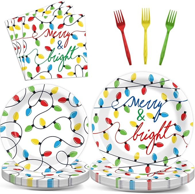 ZOIIWA 96PCS Merry Christmas Party Tableware Set Christmas Lights Party Supplies Merry and Bright Disposable Dinnerware Plates Napkins Forks with Holiday String Lights for Xmas Birthday Favors