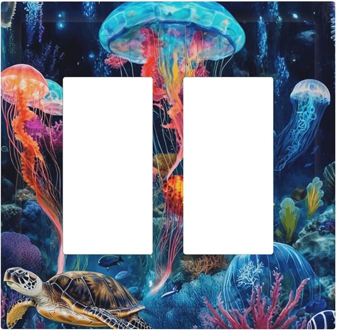 Jellyfish Sea Turtle Fantasy Ocean Coral Underwater World Decorative Outlet Covers 2 Gang Double GFCI Rocker Electrical Wall Panels Light Switch Cover Plate for Nursery Kids Room Decor
