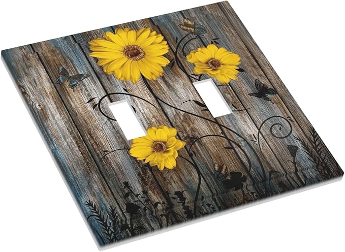 Rustic Barn Sunflower Wooden Daisy Flower Plank Decorative Switch Plates 2 Gang Double Toggle Outlet Light Switch Cover Wall Plate Electrical Faceplate for Farmhouse Home Decor