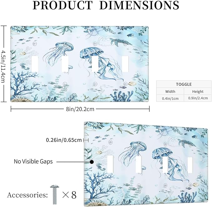 Light Switch Covers Jellyfish Teal Blue Ocean Turtle Coastal Beach Quad Toggle 4 Gang Wall Plate Electrical Faceplate Decorative Switch Plates for Bedroom Bathroom Decor