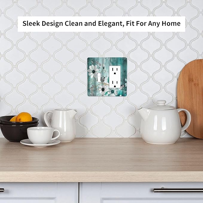 Decorative Outlet Covers Turquoise Flowers and Butterflies Rustic Teal White Floral 2 Gang 1 Gang Wall Plate Single Toggle Rocker Device Combination Light Switch Cover Plate Switch Plate Cover