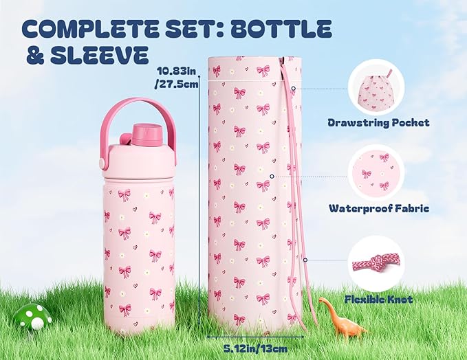 18 oz Insulated Water Bottle for Girls: 2-in-1 Straw Spout Lid, Leakproof, BPA-Free, Easy Carry, Keep Cold 24H, Cute Patterns, Kids Stainless Steel Cup for School, Travel, Holiday Gift (Bow Crush)