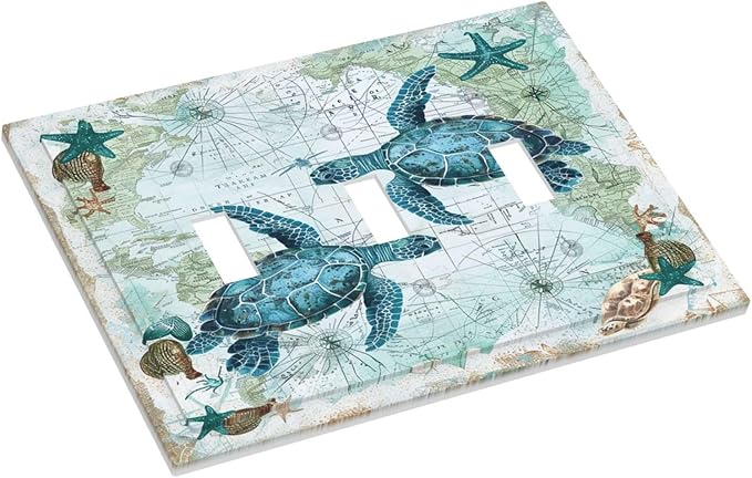 Decorative Switch Plates Nautical Green Sea Turtles Beach Blue Ocean 3 Gang Wall Plate Triple Toggle Light Switch Cover Faceplate Electrical Wall Panels For Bathroom Kids Room Decor