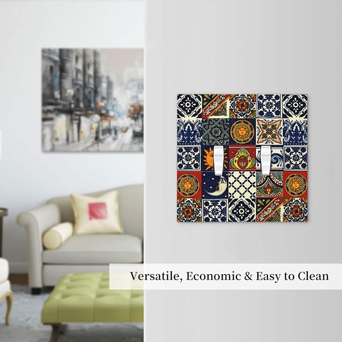 Mystic Aesthetic Boho Sun and Moon Mexican Talavera Tile Double Toggle Wall Plate Mysterious Hippy Kitchen Mosaic Decorative 2-Gang Light Switch Cover Electrical Receptacle Outlet Face Plate Cover