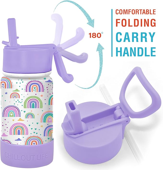 CHILLOUT LIFE 12 oz Kids Insulated Water Bottle for School with Straw Lid Leakproof and Cute Waterproof Stickers, Personalized Stainless Steel Thermos Flask Metal Water Bottle for Girls & Boys