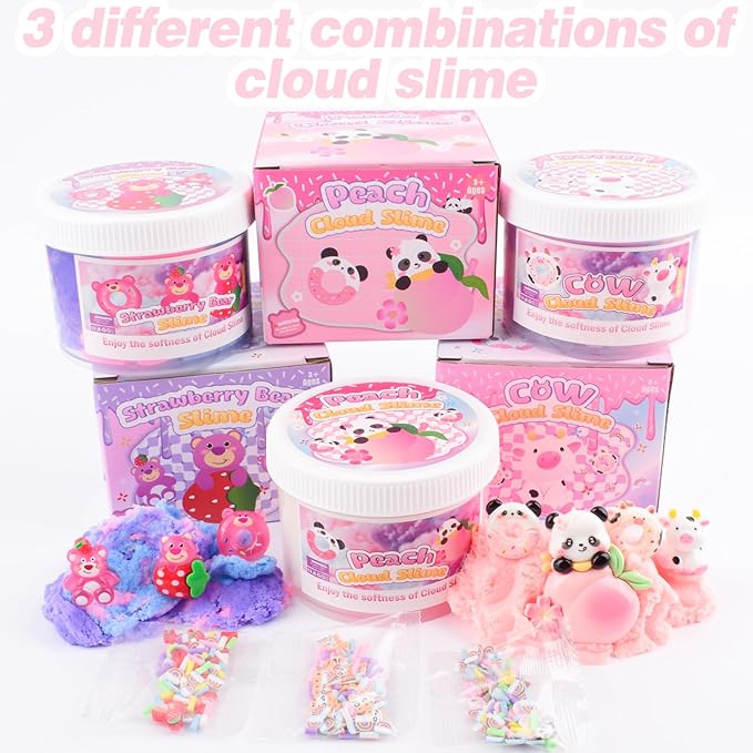 Pink Cow Cloud Slime, Scented Slime with Cute Donut Cow Charms and Rainbow Cloud Add-ins, Birthday Gifts for Kids 4-12, Party Favors for Girls and Boys, Super Soft Sludge Toy