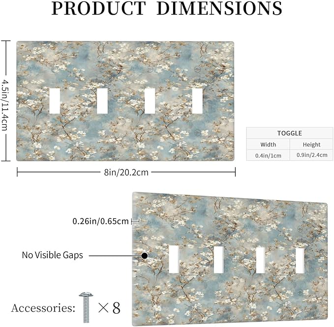 Decorative Light Switch Cover Plate Rustic Blue White Plum Blossom Flower 4 Gang Wall Plates for Electrical Quad Toggle Switch Plate Covers Outlet Covers Faceplate for Bedroom Decor