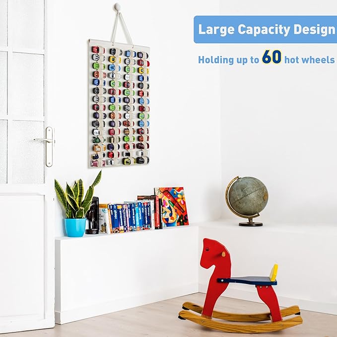 Hanging Storage Organizer for Toy Cars Felt Display Case Hold Up 60 Toy Cars (Cream)