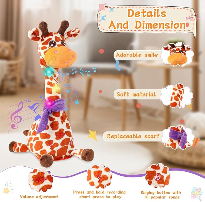Dancing Giraffe Toy Stuffed Animal Baby Toys Singing Song Toddlers Toy Repeats What You Say Glowing Musical Toy for Baby Birthday Gift Groovy Giraffe Toy (Giraffe Toy)
