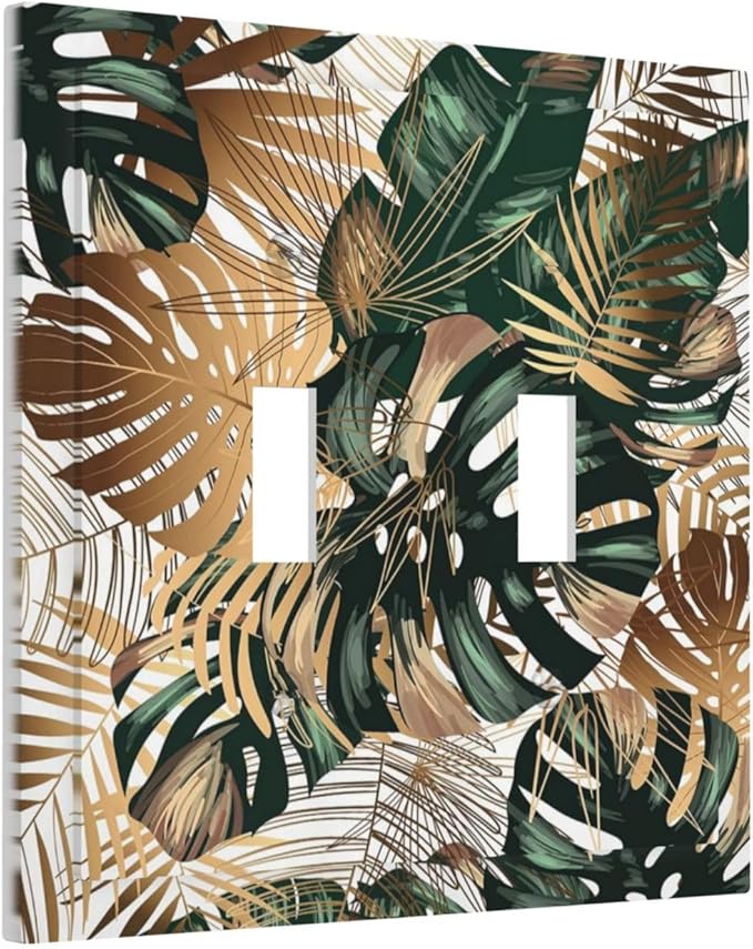 Green Tropical Leaves Gold Palm Leaf Botanical Double Toggle Light Switch Covers Decorative Unique 2 Gang Wall Plate Dual Electrical Faceplate Switchplate for Bedroom Living Room Decor