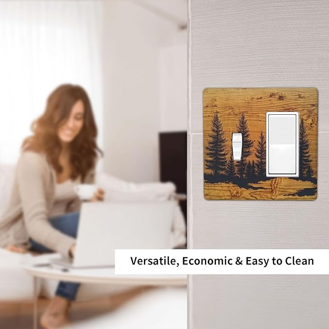 Outlet Covers Forest Pine Silhouette Rustic Wood Grain 1 Toggle 1 Rocker Combination Decorative Wall Plate Electrical Switch Plates Light Switch Cover Plate For Farmhouse Cabin Decor
