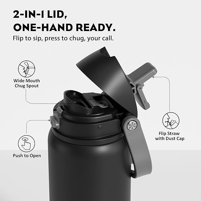 POWCAN 32 oz Stainless Steel Water Bottle for Sports: One-hand Push Button Lid, Leakproof, Keep Cold 24Hrs, Stainless Steel Cup with Straw for Camping, Outdoors, Workout, Travel (Midnight Black)