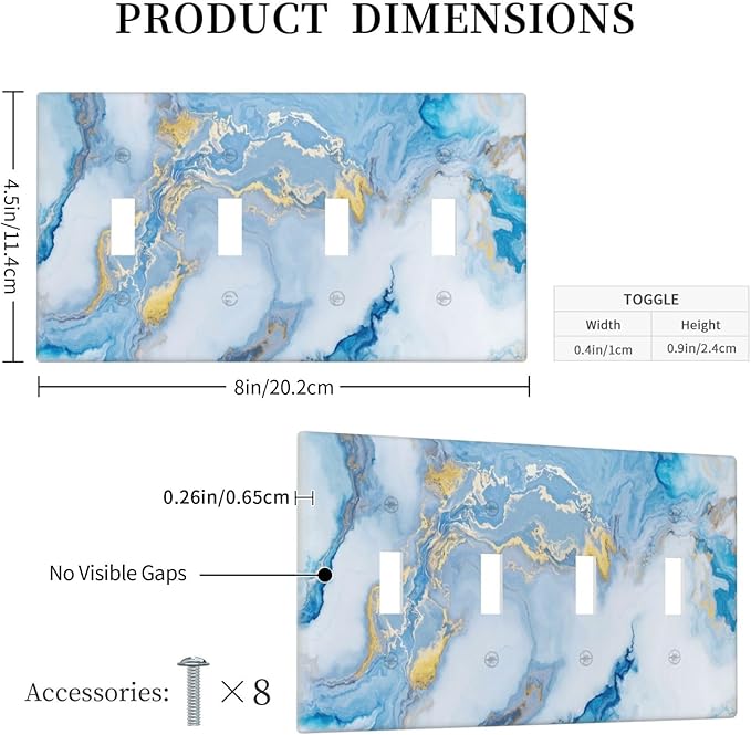 Beautiful Marble Texture Blue Gold Fluid Abstract Print Light Switch Covers Quad Toggle Electrical Faceplate 4 Gang Wall Plate Decorative Switch Plates Cover for Bedroom Bathroom Decor