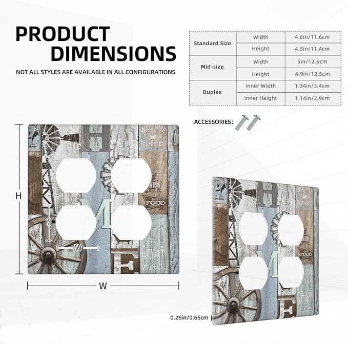 Rustic Western Barn Door Vintage Windmill Outlet Covers 2 Gang Double Duplex Decorative Light Switch Covers Electrical Wallplates Socket Faceplate for Farmhouse Home Decor