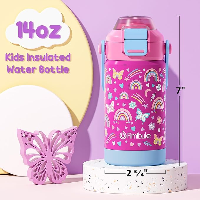 Fimibuke Kids Insulated Water Bottle with Pop-Open Straw & Spout 2-in-1 Lid, 14oz Leak Proof 18/8 Stainless Steel Vacuum Tumbler, BPA-Free Kids Cup For Travel School Girls Boys Toddler 2 Packs