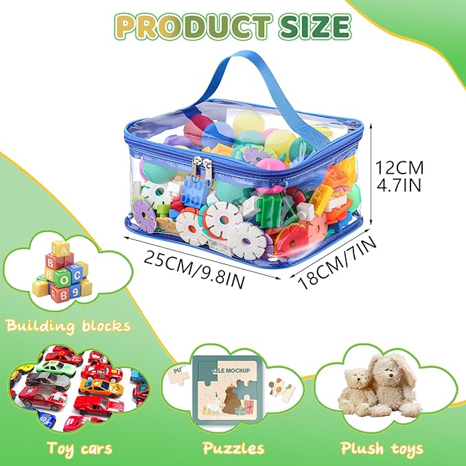 4 Packs Clear Toy Storage Bags, Colorful PVC Waterproof Toy Organizer with Zip Reusable Bags for Building Blocks, Board Game, Puzzles, Kids Books, Stationery