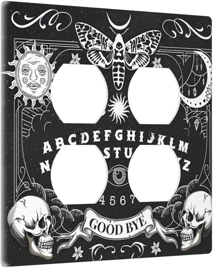 Black Witchy Skeleton Skull Gothic Sun Moon Outlet Covers 2 Gang Double Duplex Decorative Light Switch Covers Electrical Wallplates Socket Faceplate for Bedroom Living Room Decor