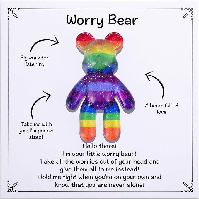 Aesnefe Pocket Bear Hug, Anxiety Relief Gifts for Men Women, Mental Health Positivity Gift for Anxious Friend, Autism Fidget Gift, Thoughtful Gifts for School Anxiety, Rainbow